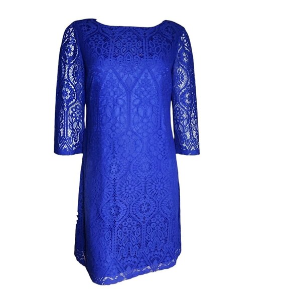 JESSICA HOWARD Solid All Blue Lace Overlay Zip Back Dress Womens Size 10P - Picture 1 of 7